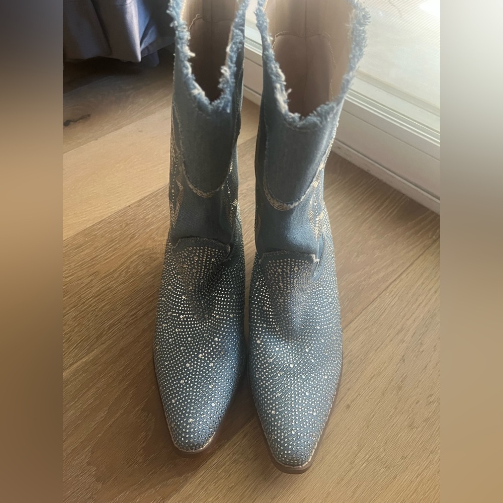 Nordstrom Blue Frayed Denim blinged Boots Sz 7 1/2